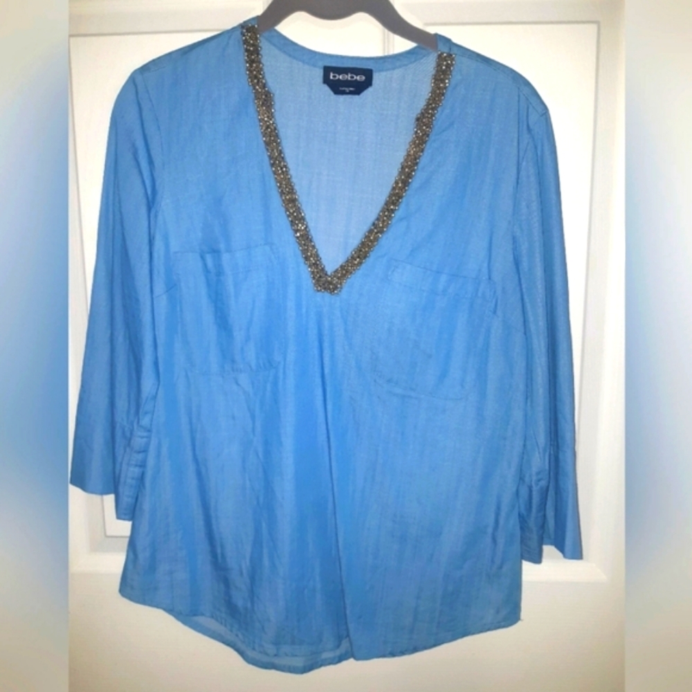 (S)🔥Bebe🔥 Bohemian Jewelled V Neck 3/4 Sleeve Jean Top Ptp 18"× L 23